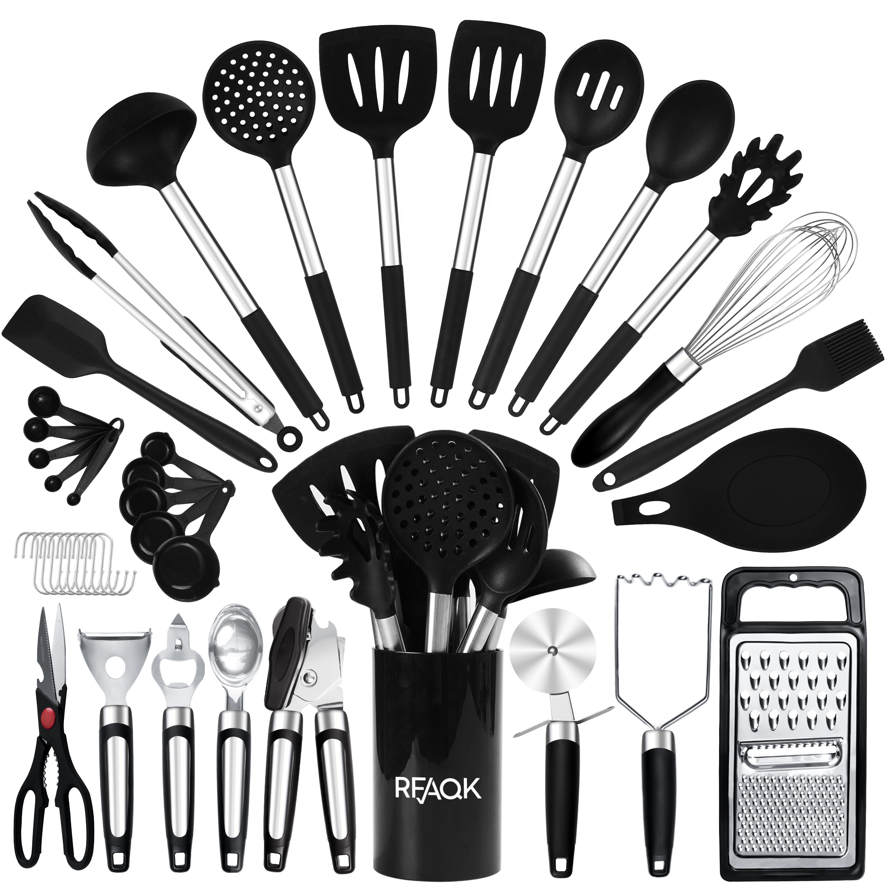 RFAQK Silicone Kitchen Cooking Utensil Set With Holder, 40PCs Heat Resistant Set for Nonstick Cookware, Kitchen Gadgets includes Can Opener, Potato Masher & Peeler, Tongs,spatulas,Pizza cutter & More