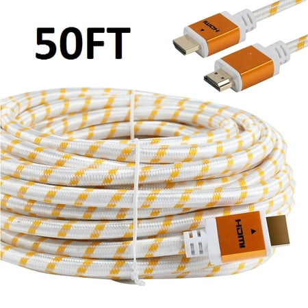 CableVantage 50FT 50 FT HDMI Cable, HDMI Cable HDMI-50FT Gold-Plated High Speed HDMI Cable [ Support 3D | Ethernet | Audio Return] For PS4 Xbox One PC HDTV White Mesh Braided Nylon Cord, Gold