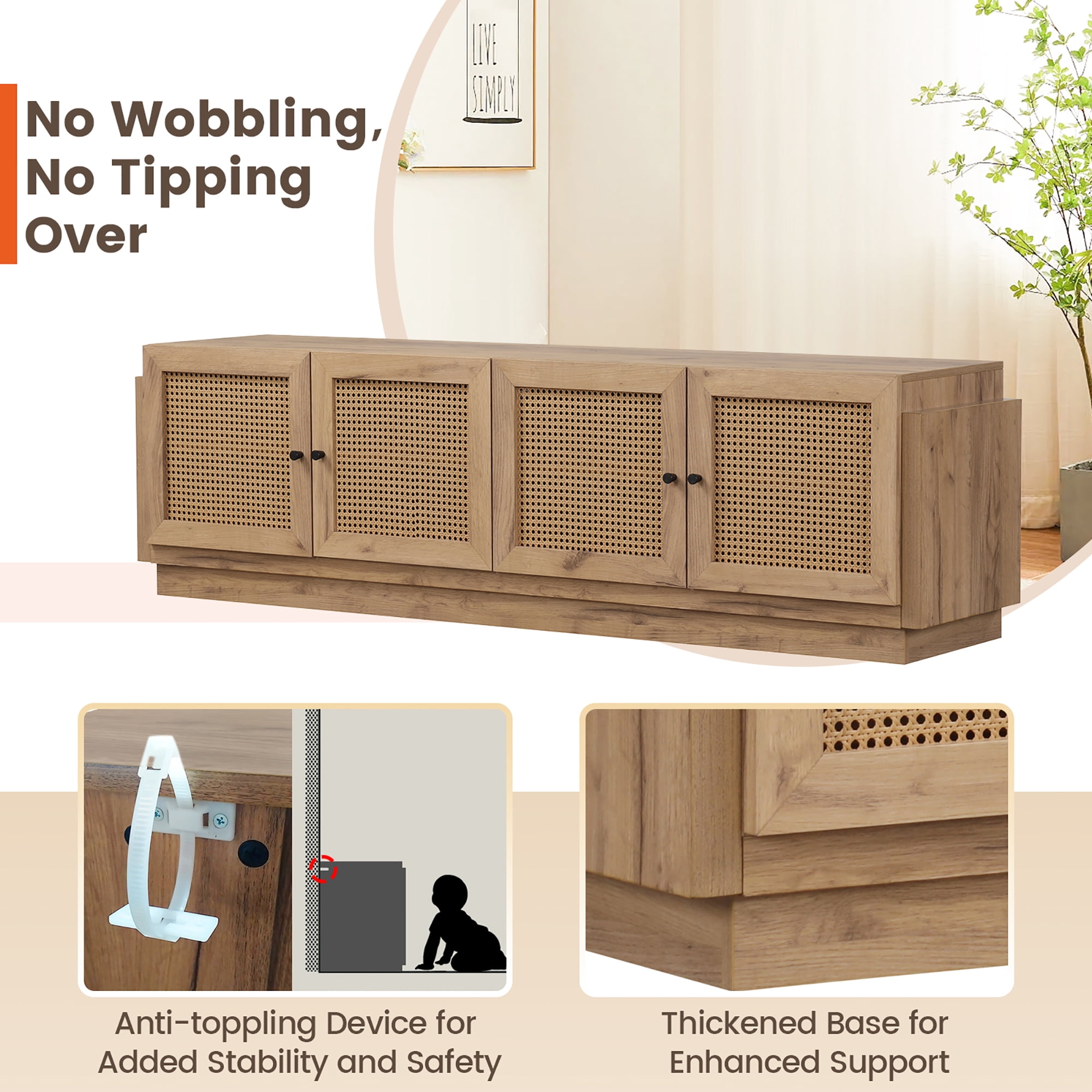 Gymax 4-Door PE Rattan Media Console Table Farmhouse TV Stand for TVs up to 75'' Oak