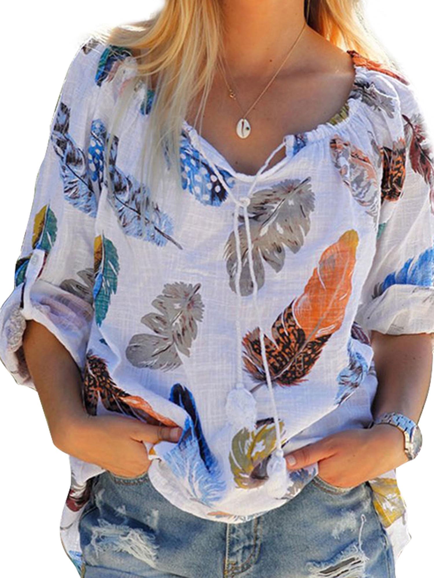 Wodstyle Women's Boho Floral Long Sleeve Loose Bandage Casual