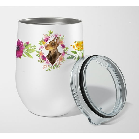 Carolines Treasures CK4138TBL12 Doberman Pinscher Pink Flowers Stainless Steel 12 oz Stemless Wine Glass 12 oz