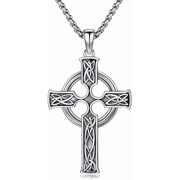 Celtic Cross Necklace for Men 925 Sterling Silver Irish Celtic Knot Pendant Jewelry Gift for Men Women (01- Silver)