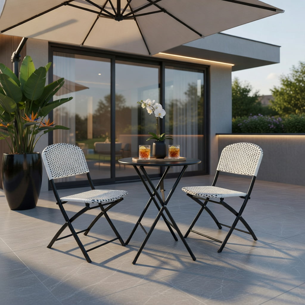 Hommoo 3-Piece Outdoor Rattan Bistro Set, Foldable Round Patio Table & 2 Ergonomic Chairs, PE Wicker on Steel Frame, for Deck, Balcony & Poolside, White and Black