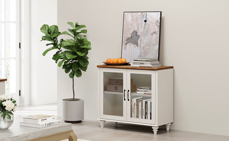 Sideboard Buffet Cabinet with Glass Door, Curved Edge Kitchen Storage Cabinet, Vintage Gourd Leg Wood Coffee Bar Table, Accent Table for Dining Room & Living Room, Off White