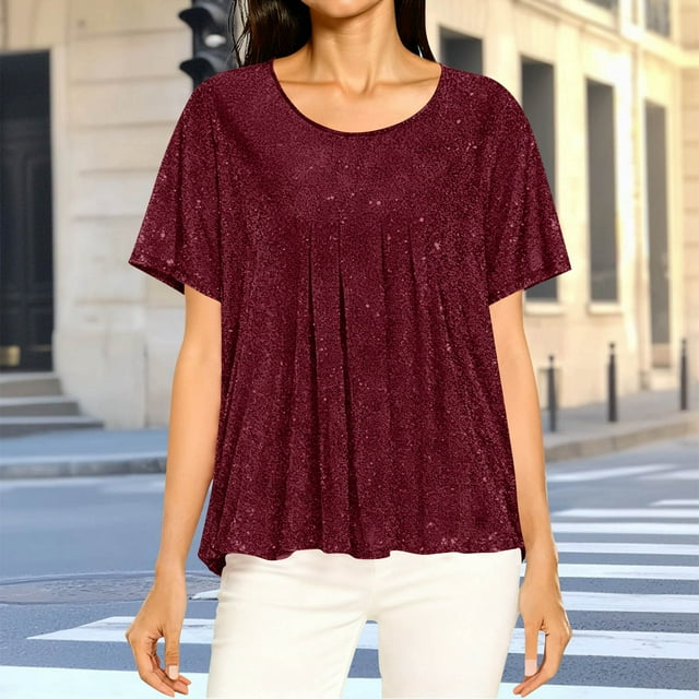 Ounisa Women's Plus Size Sparkly Top Glitter Blouse Short Ruffle Sleeves Dressy Shirt Elegant Party
