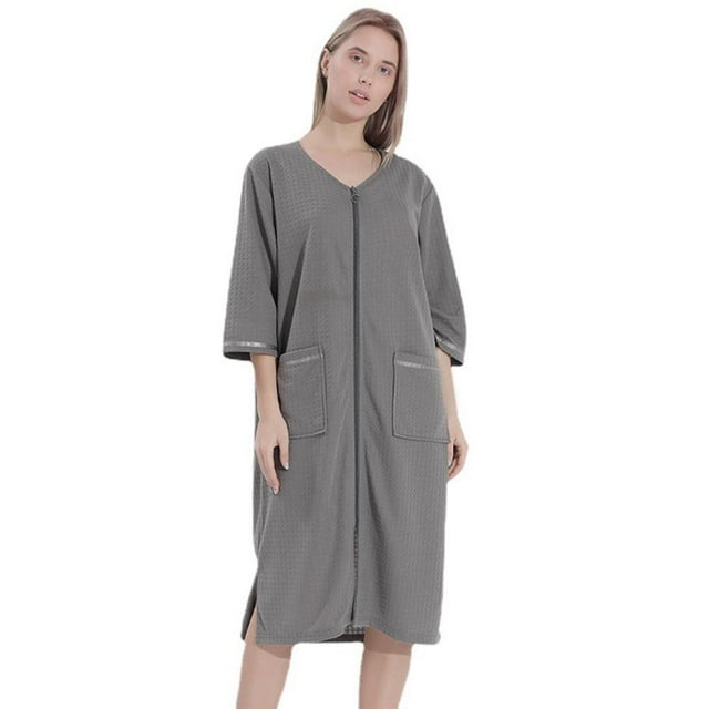Peignoirs pour Femmes à Fermeture Éclair devant, Manches 3/4, Longueur Complète, Robe de Chambre avec Poches, Tenue de Détente