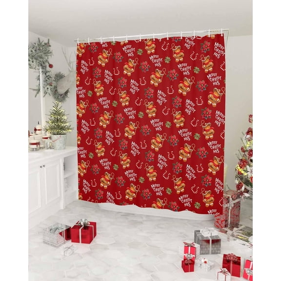 Christmas Shower Curtain Cowboy Gingerbread Man Shower Curtains for Bathroom Decor Poinsettia Horseshoe Red Christmas Decoration Bath Curtains Sets with Hooks Waterproof, 36x72 in