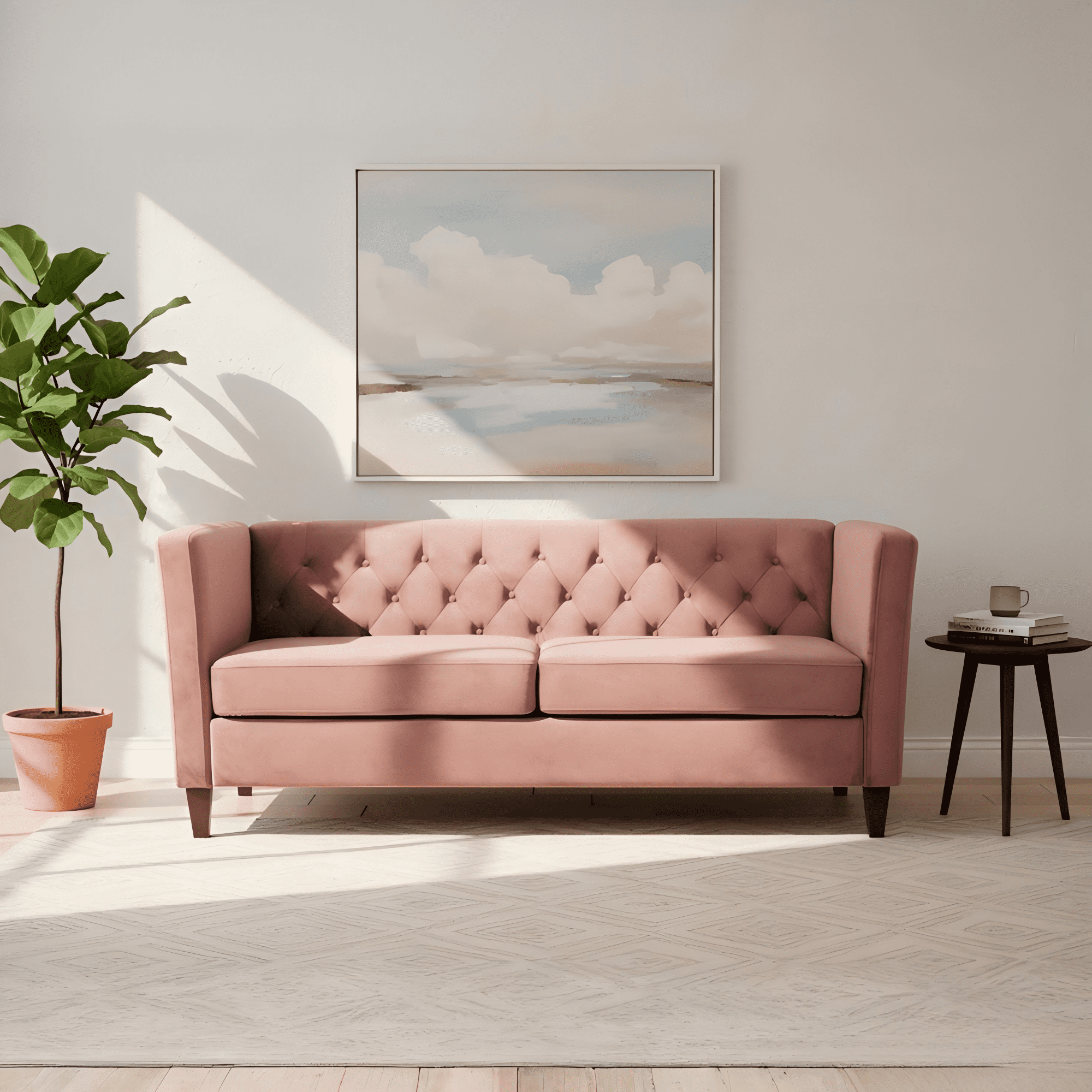 U S Pride Furniture Velvet 3-Seater Sofa - Tufted Square Arm Couch with Wooden Legs, Crushed Velvet Upholstery, Rose Color Living Room Sofa