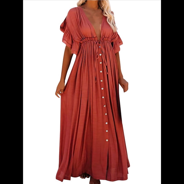 Vestido Informal de Verano para Mujer, Maxivestido con Volantes y Botones, Estilo Bohemio, Túnica Larga. Naranja Rojo Talla Única