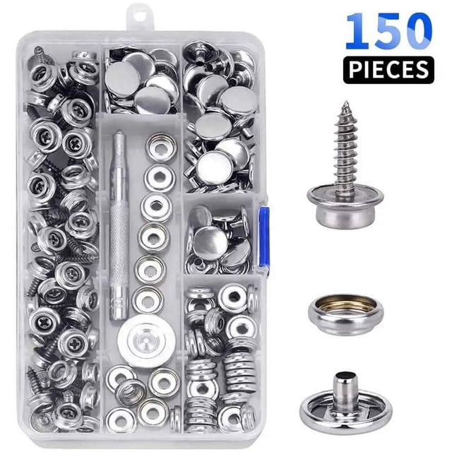 Laklulu - Paquete de 150 accesorios para lona de tapicería de calidad marina, cierres a presión de acero inoxidable de 10 mm para cubierta de barco, con tornillos y herramienta