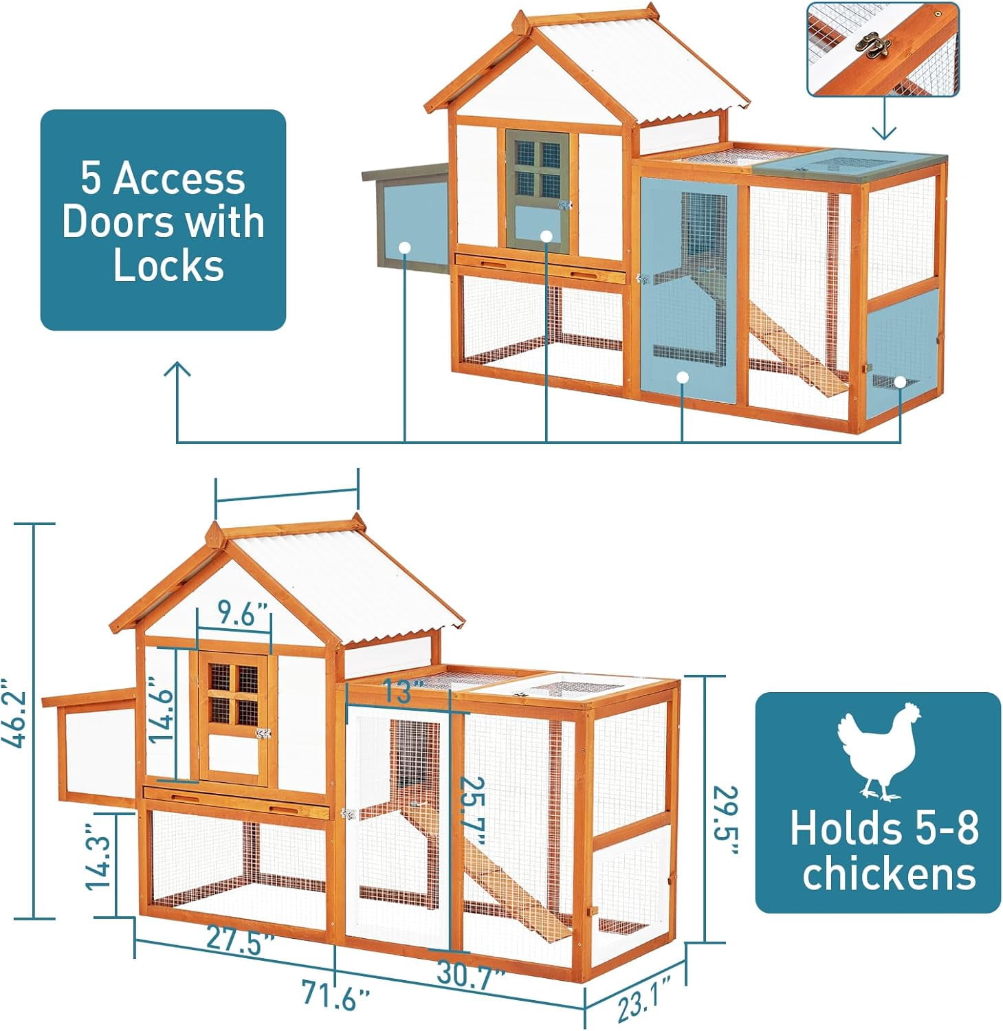 Acekid 2 Tier Wooden Rabbit Hutch with Waterproof Roof & Outdoor Run, Spacious Cage for Rabbits & Small Pets, Orange