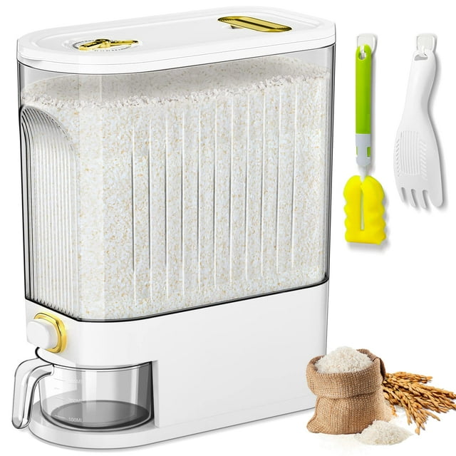 Dispensador de arroz Lenwi, 10 kg, grande, para almacenar alimentos secos, color blanco