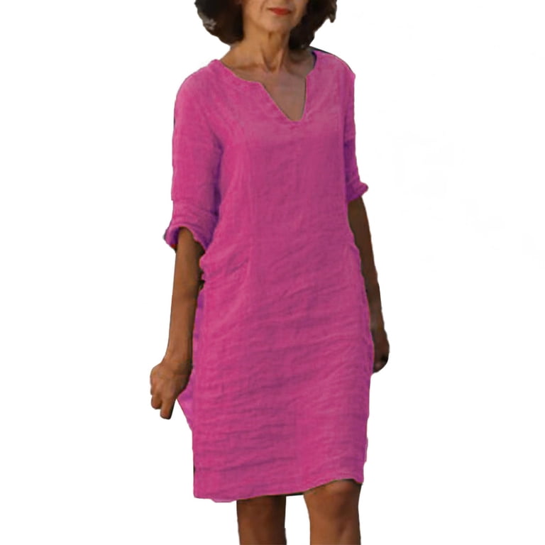 ladies occasion shift dresses XIAONU Womens Linen Blend Shift Dress 3/4 Sleeve Notch Neck Casual Loose  Tunic With Pockets