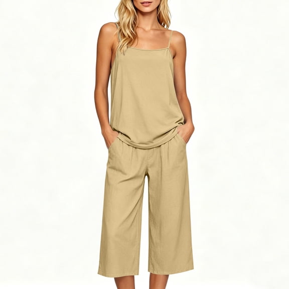 Bosfbaoi Two Piece Sets for Women Relaxed Fit Casual Outfit Set Adjustable Spaghetti Strap Cami Tops Wide Leg Cropped Pants Pajama Set