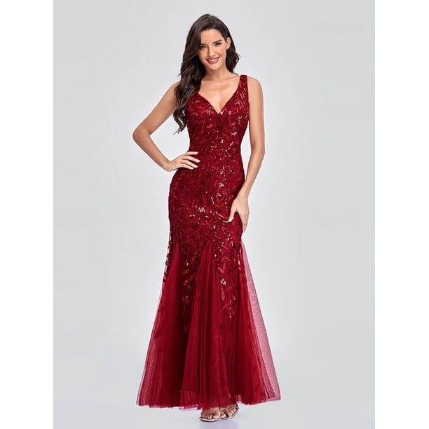 Vestido de noche con escote en V, tul bordado con lentejuelas, vestido de fiesta de sirena sexy, vestido formal para mujer