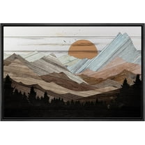 PixonSign Framed Canvas Print Wall Art Mountain Range Forest Sunrise Nature Wilderness Digital Art Wood Panel Landscape Farmhouse/Country Relax/Calm/Cozy Geometric Abstract - 16"x24" Black