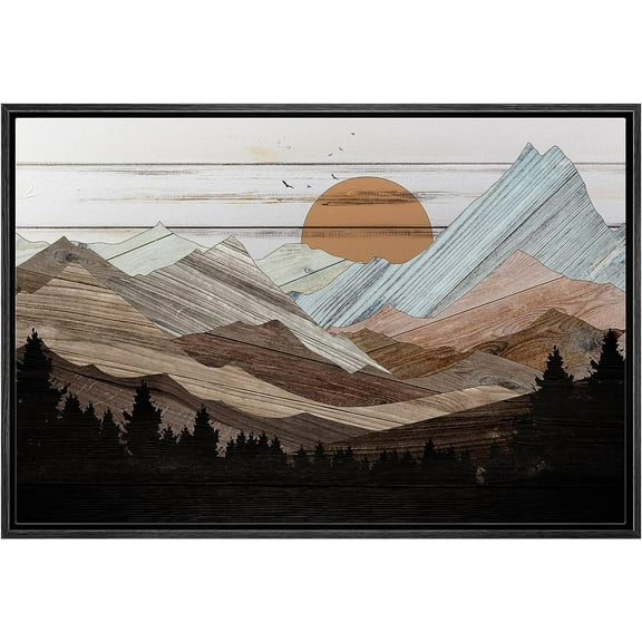 PixonSign Framed Canvas Print Wall Art Mountain Range Forest Sunrise Nature Wilderness Digital Art Wood Panel Landscape Farmhouse/Country Relax/Calm/Cozy Geometric Abstract - 16"x24" Black