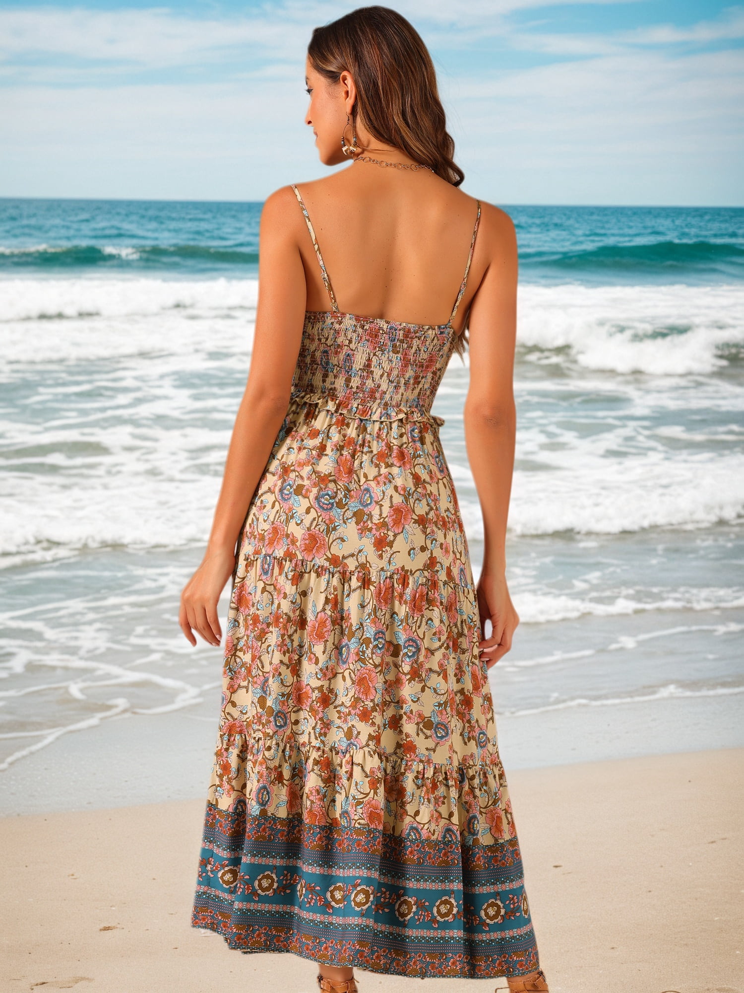 DARING DIVA Women's Boho Floral Spaghetti Strap A Line Maxi Dresses S Apricot