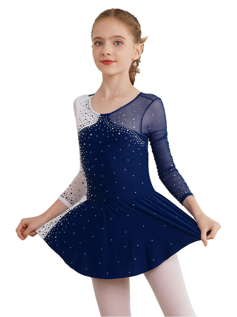 navy blue skating dress Inhzoy Women's Figure Skating Dress Shiny Long Sleeve Ice Roller Skating Dance Dresses Leotards Navy Blue XL