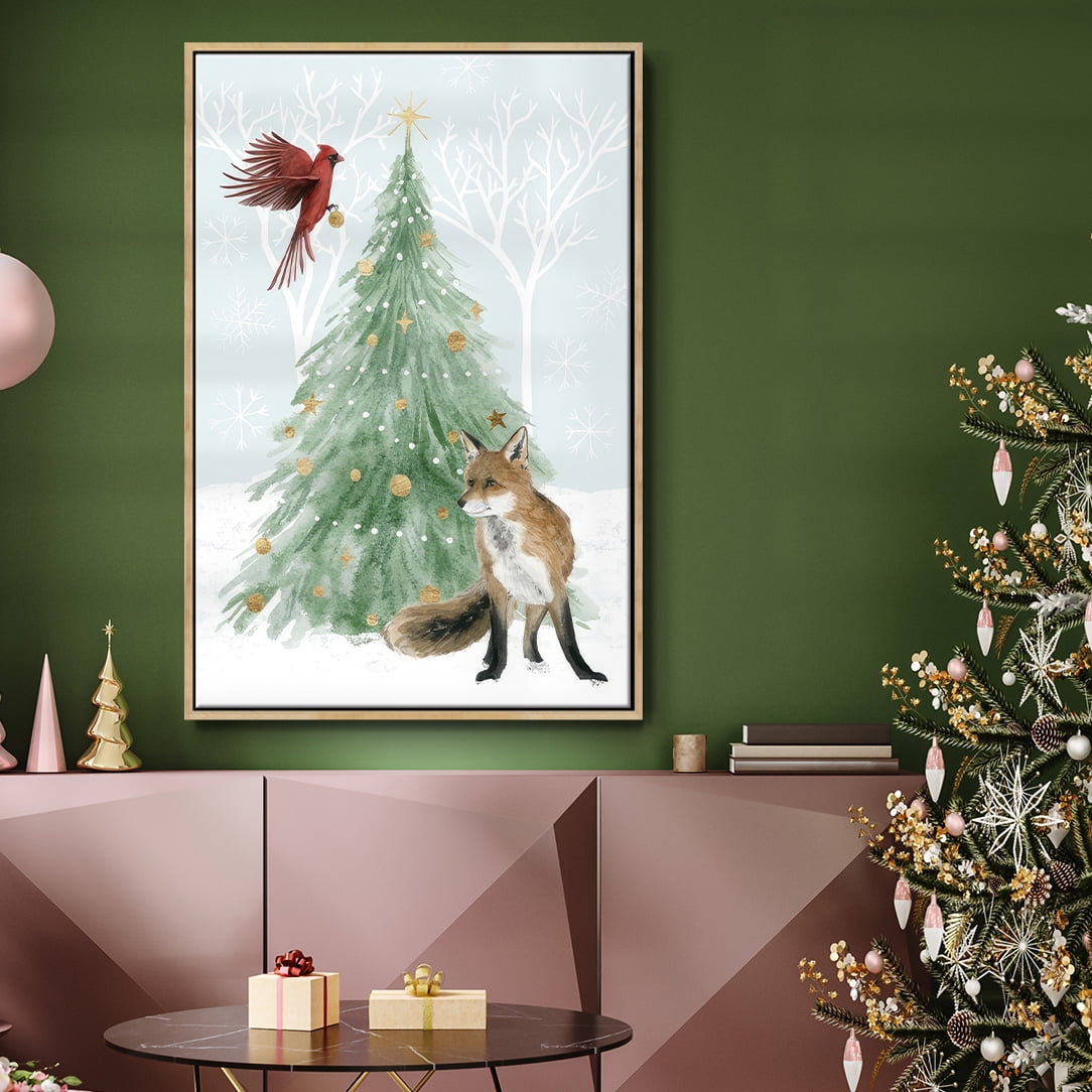 Christmas in the Forest Collection B - Framed Gallery Wrapped Holiday Canvas - 25 x 37 - Natural Wood Frame