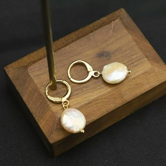 K-KED Natural 12-13mm White Coin Freshwater Cultured Pearl Dangle Leverback Earrings