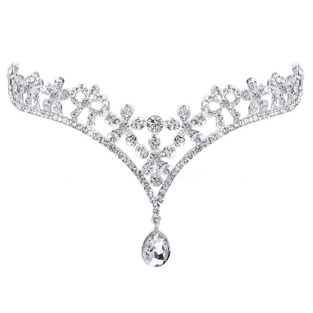 Cadena para la frente de dama de honor con colgante de cristal y diamantes de imitación, tocado de boda (plata)