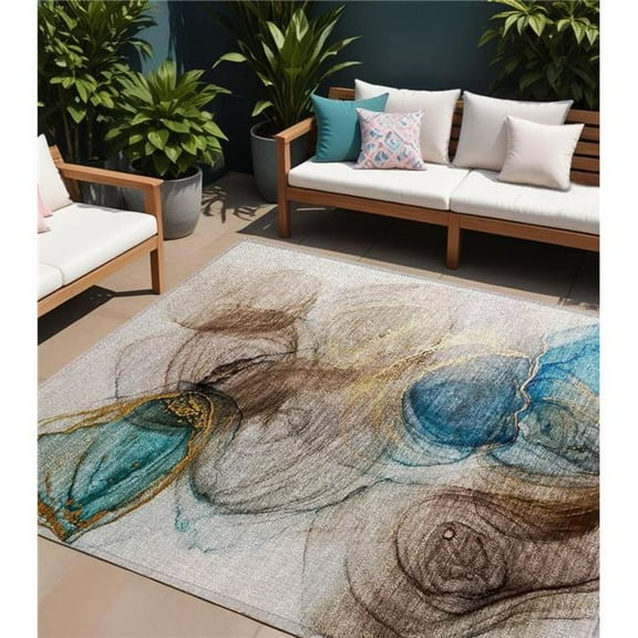 HomeRoots 559980 8 x 10 ft. Beige Abstract Washable Non Skid Indoor Outdoor Rectangle Machine Woven Area Rug