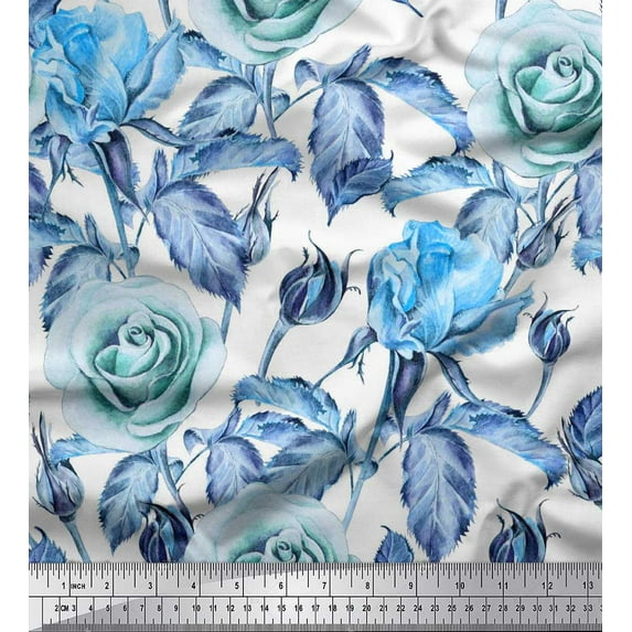 Soimoi Rayon Fabric Leaves & Rose Flower Decor Fabric Printed Yard 42 Inch Wide
