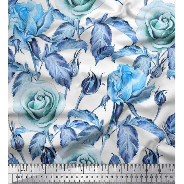 Soimoi Poly Georgette Fabric Leaves & Rose Flower Printed Fabric 1 Yard 42 Inch Wide