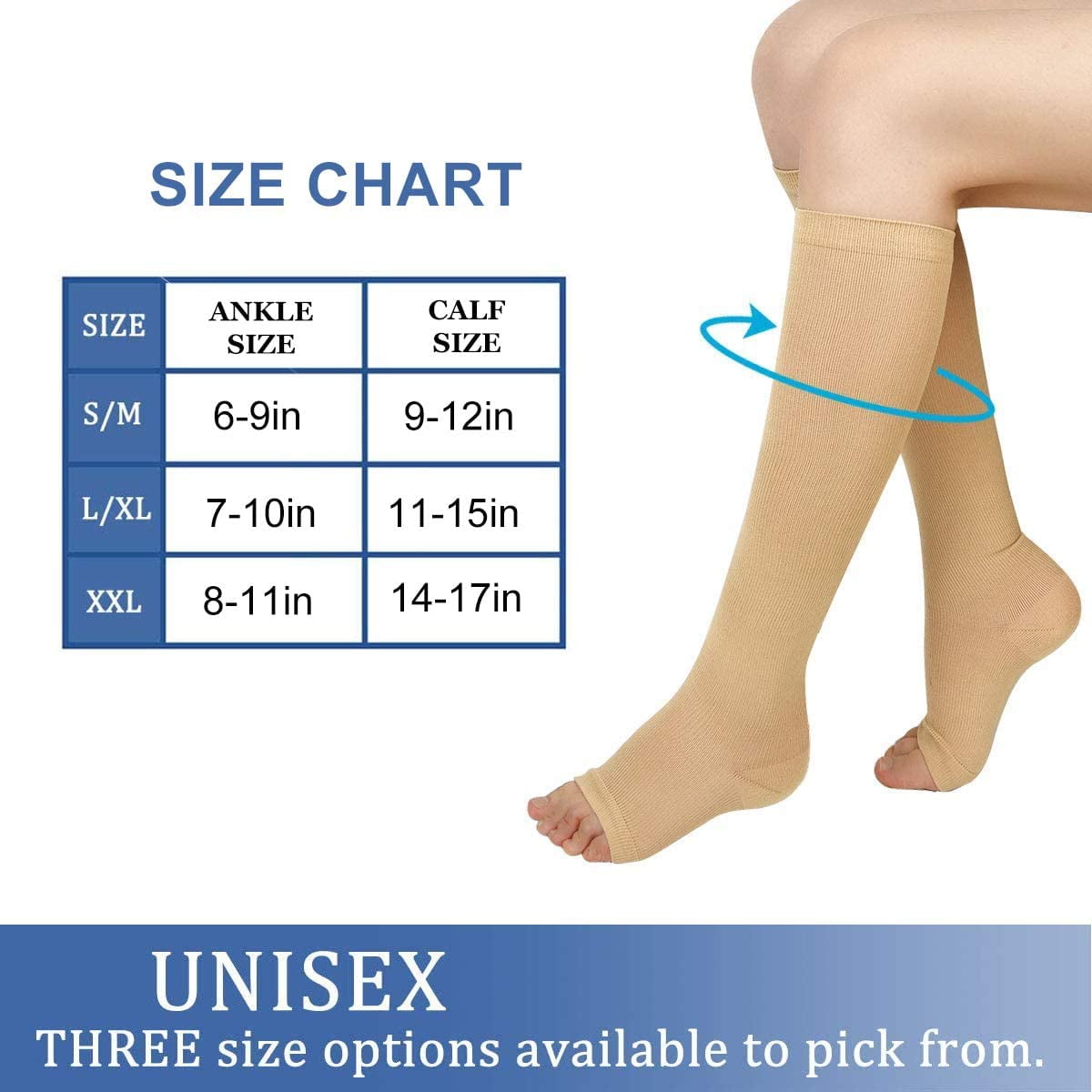 Wukang 3 Pairs XL XXL Knee High Compression Stockings Open Toe 15-20mmhg Compression Socks for Woman Men