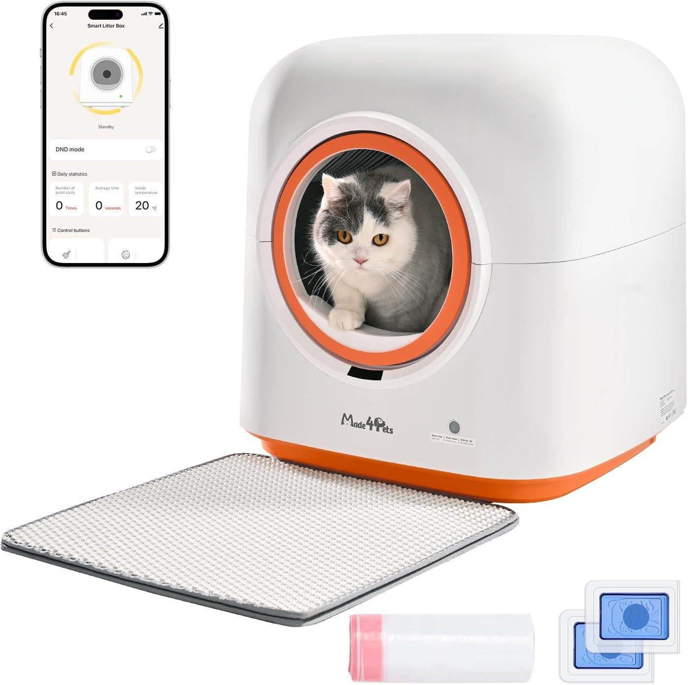 Self-Cleaning Litter Box 60L with Automatic App Control Odor-Eliminating PIR Motion Sensors and Includes Waste Bags for Multiple Cats