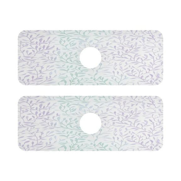 Delicate Leaf Patterns Quick Dry Silicone Algae Faucet Pad 14.7x5.4in 2 Pack Absorbent Mat for Kitchen Sink, Bathroom Countertop
