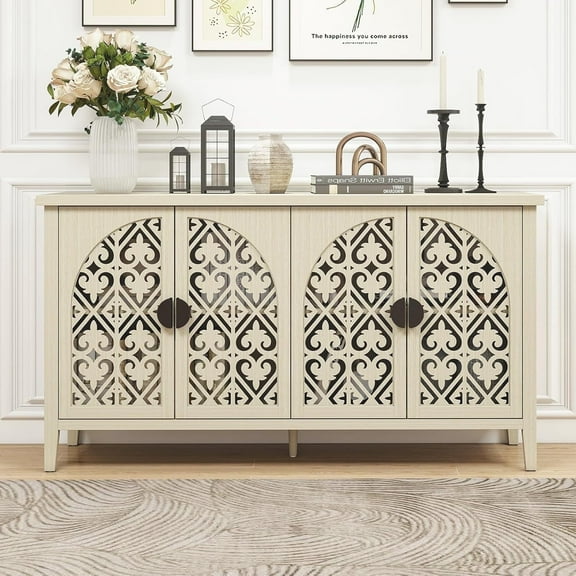 LFGUIZO Bohemian-Style Storage Cabinet, 4 Doors and 2 Shelves, Hollow Wooden Carvings, Bookcase, Living Room, Corridor, Kitchen, Natural Color