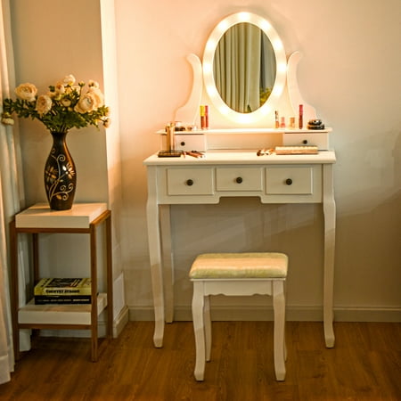 Gymax 5 Drawers Vanity Makeup Dressing Table Stool Set Lighted Mirror W/12 LED (Best Makeup Mirror With Bright Lights)