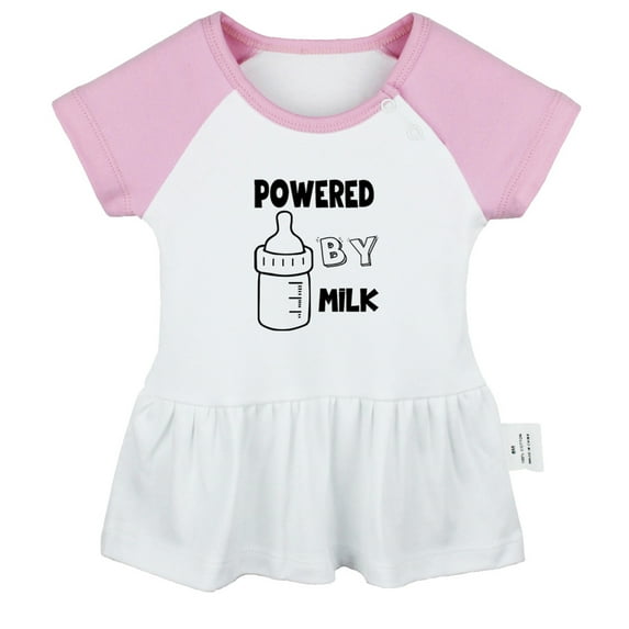 Powered By Milk Funny Dresses For Baby, Newborn Babies Skirts, Infant Princess Dress, 0-24M Kids Graphic Clothes (Pink Raglan Dresses, 6-12 Months)
