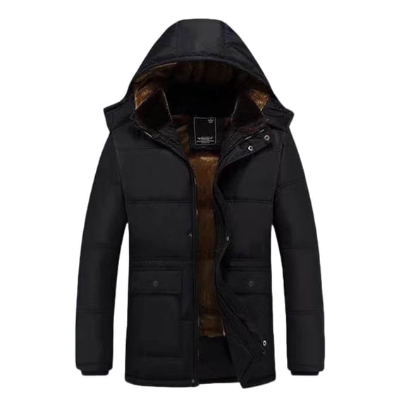 RYDCOT Men's Winter Puffer Down Jacket with Detachable Hood | Sherpa Flannel Fleece-Lined Warm Long Coat Windproof Thickened Design for Cold Weather Black