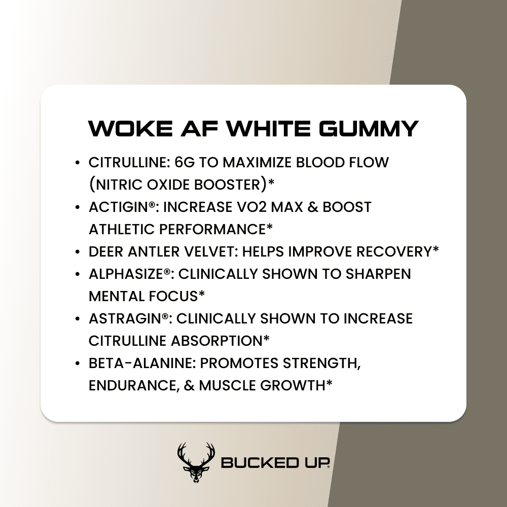 Bucked Up Woke AF Pre-Workout Powder, Increased Energy, White Gummy Deer, 333 mg Caffeine, 20 Servings