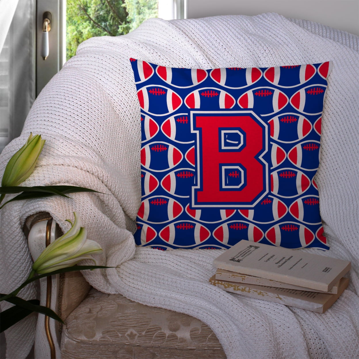Letter B Football Harvard Crimson and Yale Blue Fabric Decorative Pillow