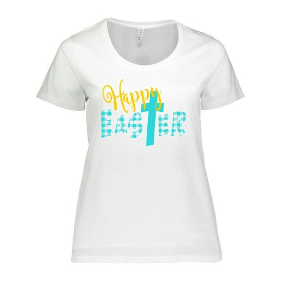 Inktastic Happy Easter with Cross in Teal Plaid Women's Plus Size T-Shirt