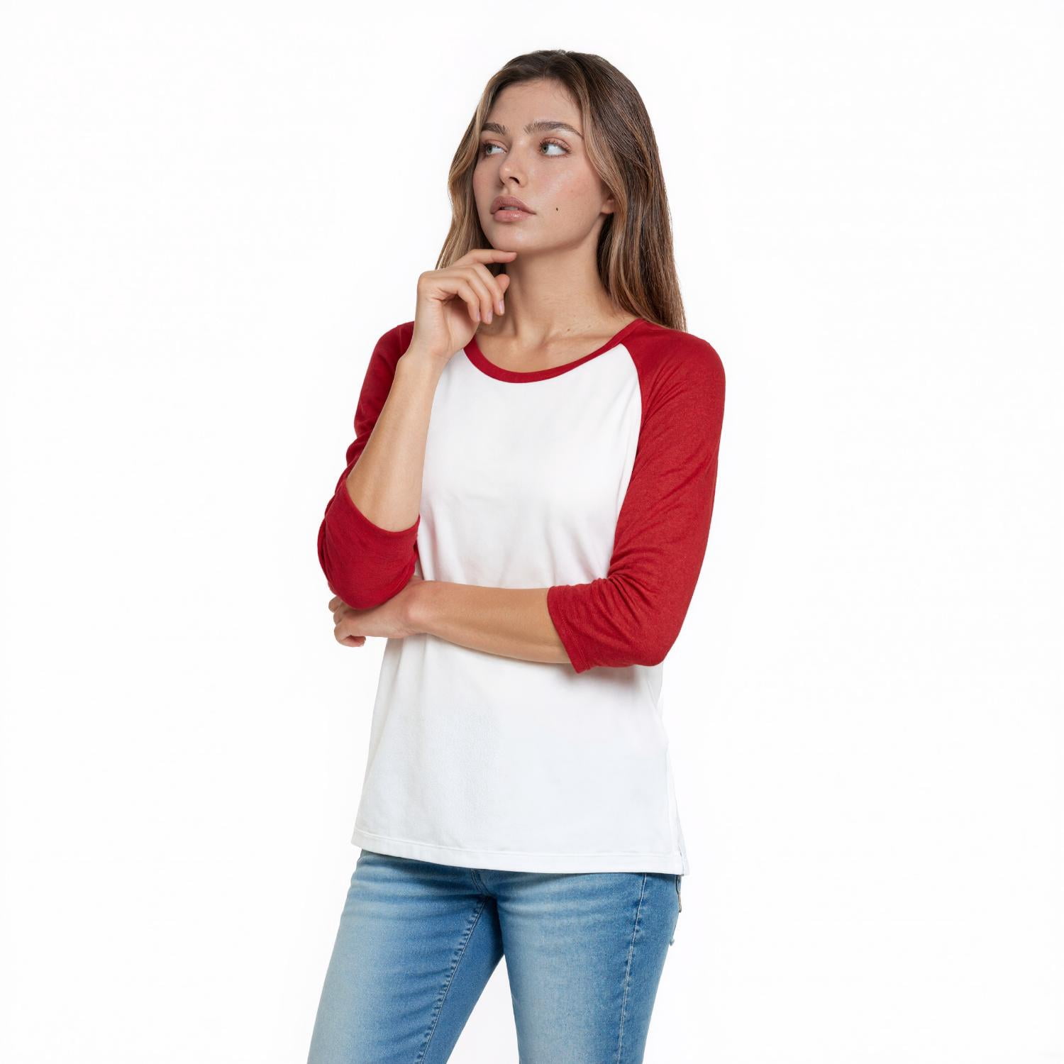 Women's Two Tone 3/4 Sleeve Raglan Baseball Shirt / Baseball Tee, White/Red M