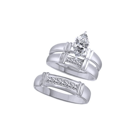 AFFY White Cubic Zirconia Engagement & Wedding Trio Fashion Ring Set In 14k White Gold (1.5 Cttw)