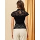thumbnail image 5 of Blusa Semitransparente Con Cuello Alto Y Manga Corta Con Abertura En La Espalda Y Encaje Para Mujer Negro S, 5 of 6