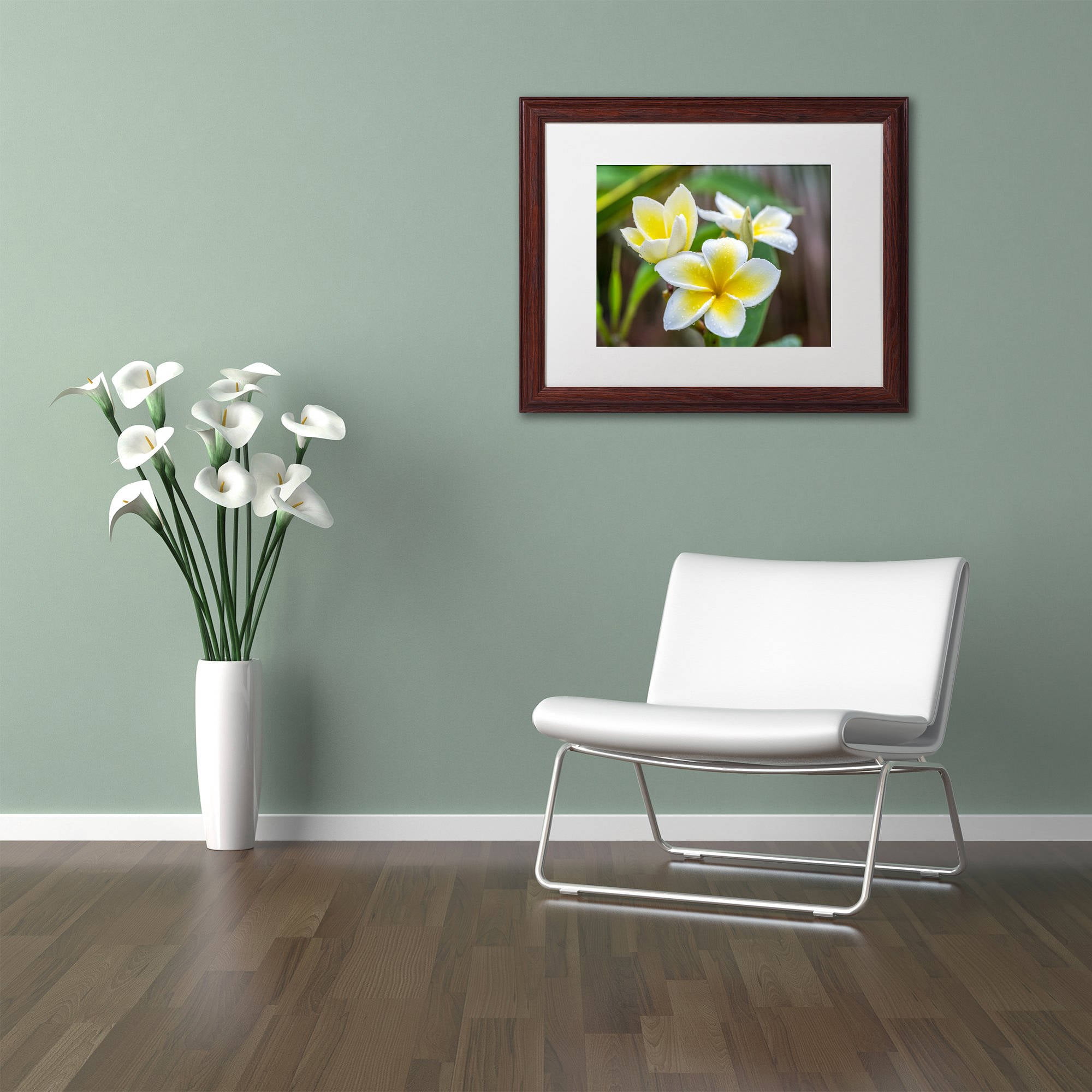 Trademark Fine Art 'Plumeria in the Rain' Canvas Art by Pierre Leclerc, White Matte, Wood Frame