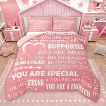 Manfei Pink Romantic Cartoon Bedding Comforter Set, Inspirational Words Twin Comforter Sets, Teens Kids Girls Female Reversible Bedding Set, Luxury Bedroom Decor, 2pcs