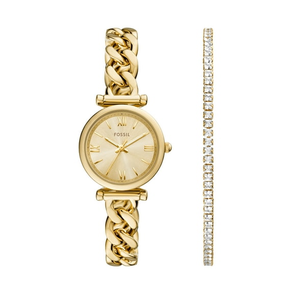 Fossil Women's Carlie Mini Three-Hand, Gold-Tone Stainless Steel Watch and Bracelet Set