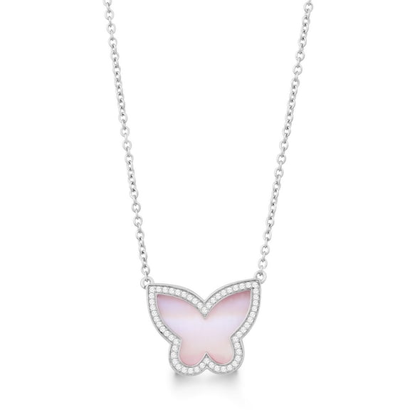 iJewelry2 Sterling Silver Pink MOP Butterfly Shape with Clear CZ Outlined Pendant Necklace 18''