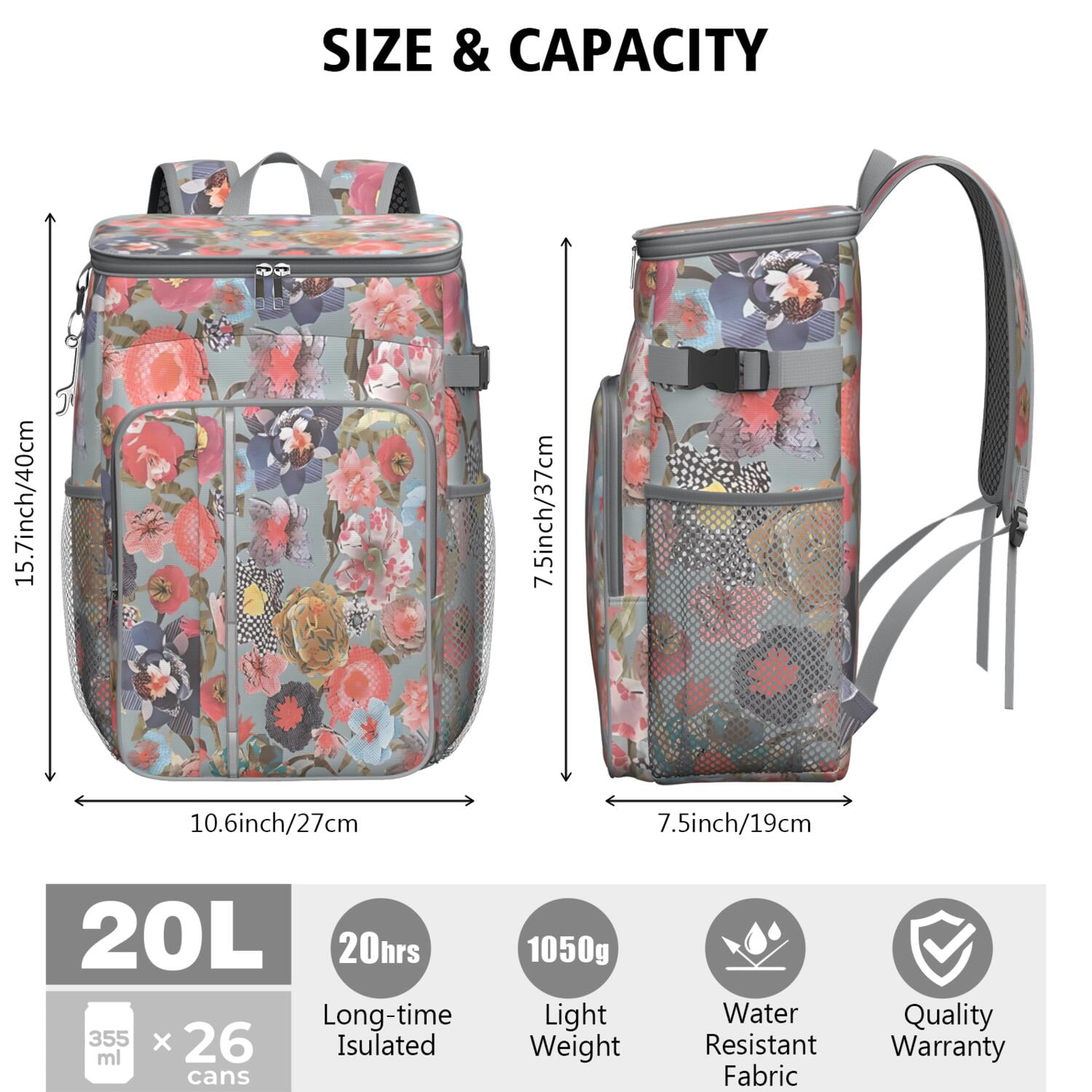 Travel Cooler Bag - Pioneer Flower Floral Print Pattern Camping Beer Cooler Backpack with Bottle Opener- Waterproof Insulated Picnic Backpacks - Cooler Bag for Beach