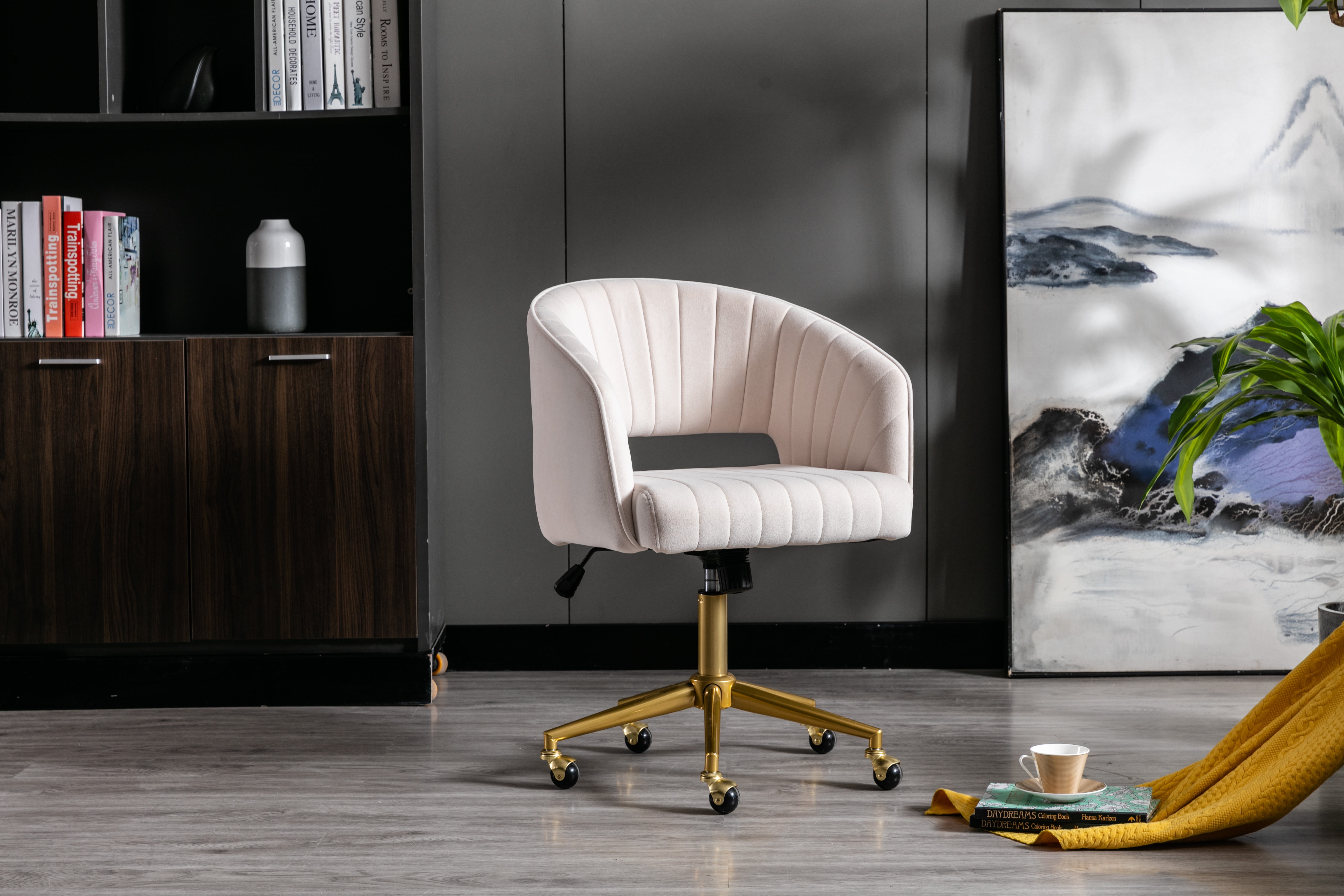 KCC Velvet Office Chair for Women, Swivel Vanity Desk Chair with Gold Base and Wheels, Adjustable Upholstered Chair for Bedroom, Makeup Room and Home Office(Cream)