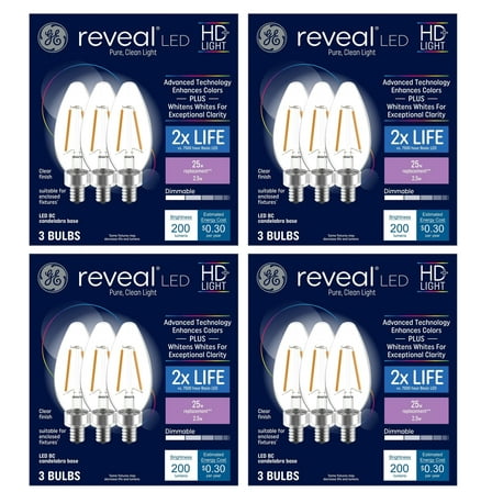 (12 bulbs) GE 42465 Reveal LED Chandelier Bulb, 200 lumens, 2.5 watts, candelabra base, blunt tip, clear Color-Enhancing HD Light, Dimmable LED Candle Light Bulb