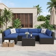 thumbnail image 6 of IdealHouse 7-Piece All-Weather Outdoor Sectional Sofa Set, Waterproof Wicker Patio Furniture with Removable Cushions, Modern Gray Conversation Set for Poolside, Black Vine+Blue Cushion, 6 of 8